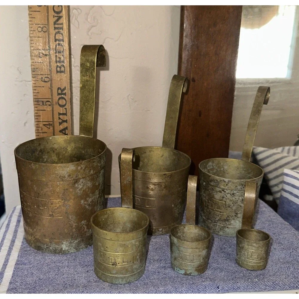 Antique French set of Brass Measuring Cups set of 6- From 1/2L to 1cl